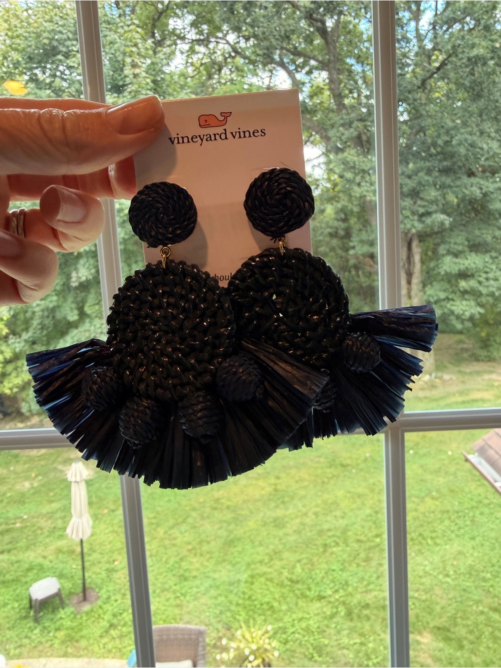 Vineyard Vines Navy Raffia Fan Tassel Earrings